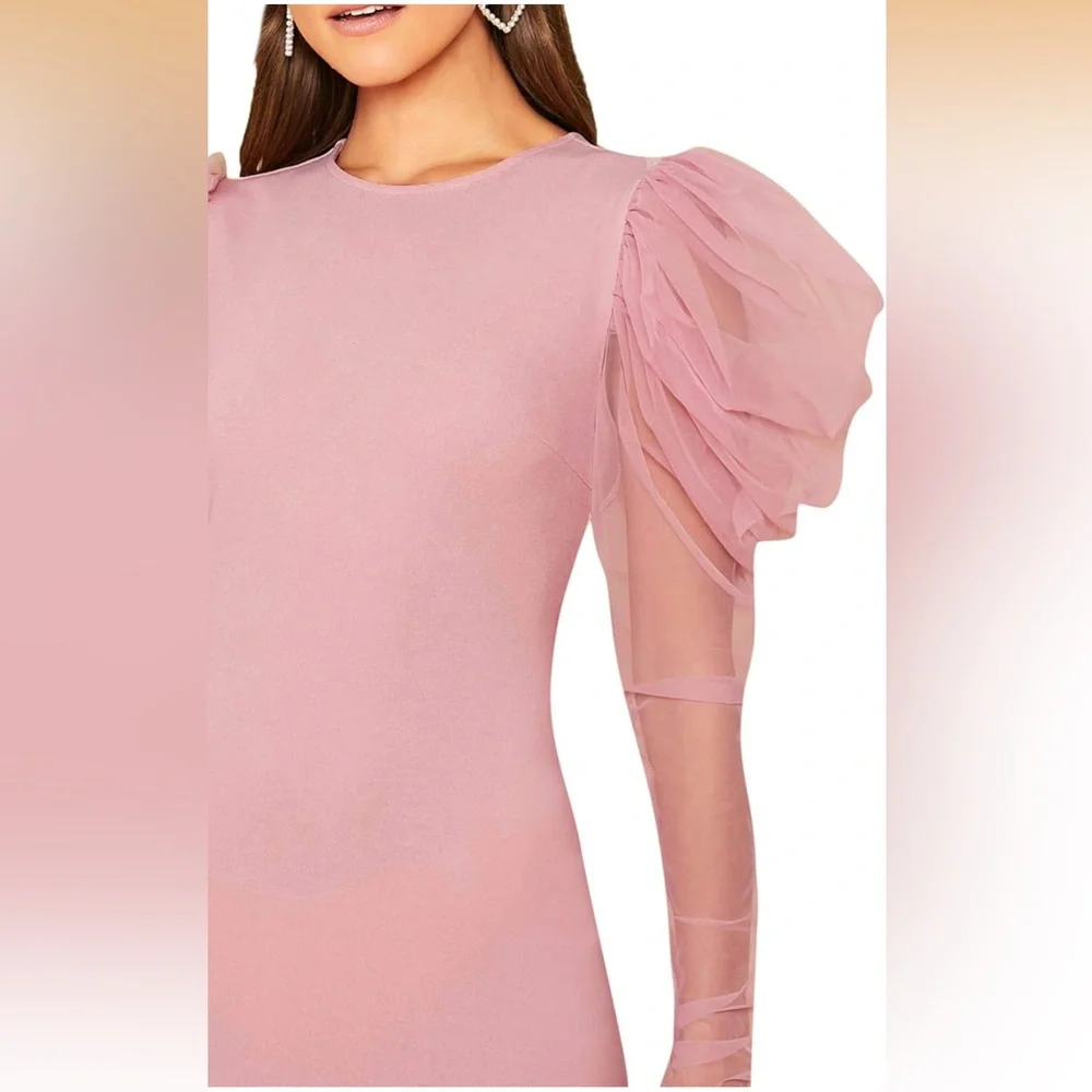 Women's Elegant Contrast Mesh Gigot Sleeve Bodycon Party Dress Pink Medium - Picture 5 of 10